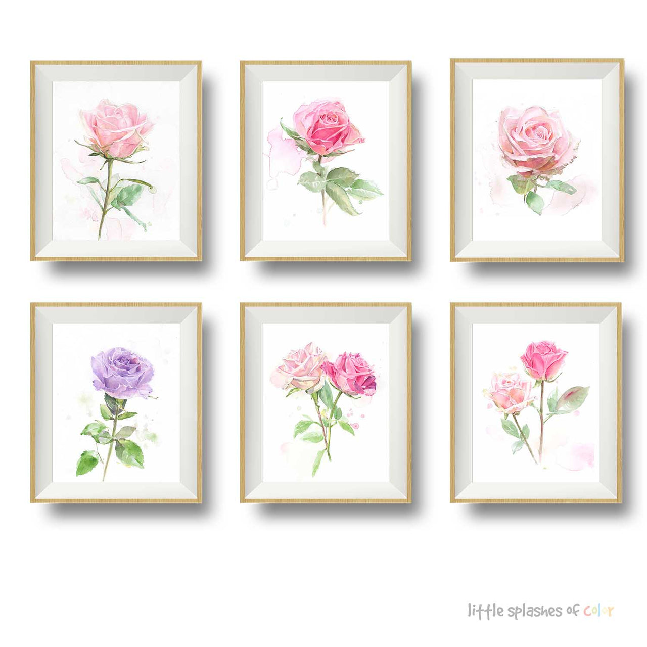 set of six rose watercolor art prints