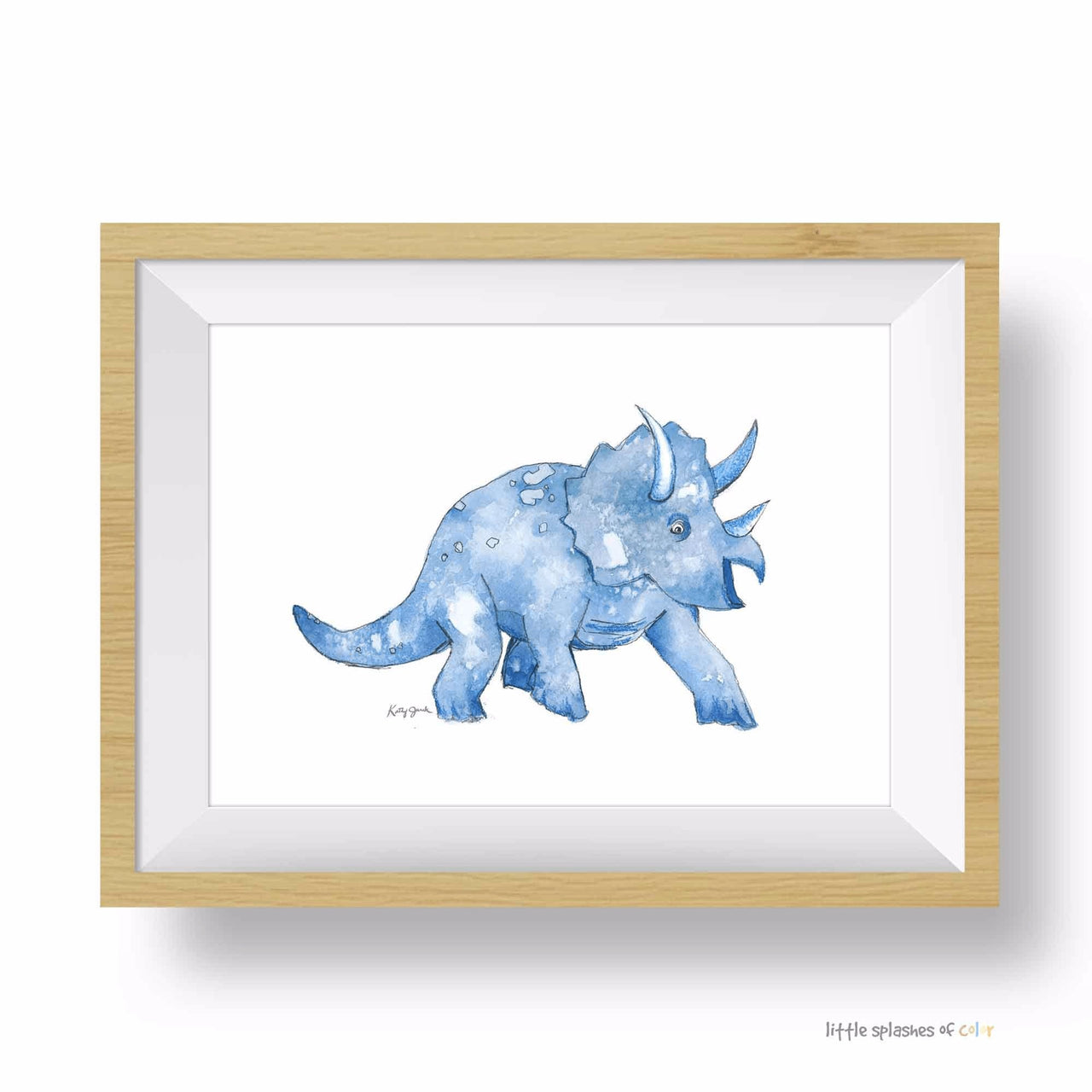 example of blue triceratops art print with a frame