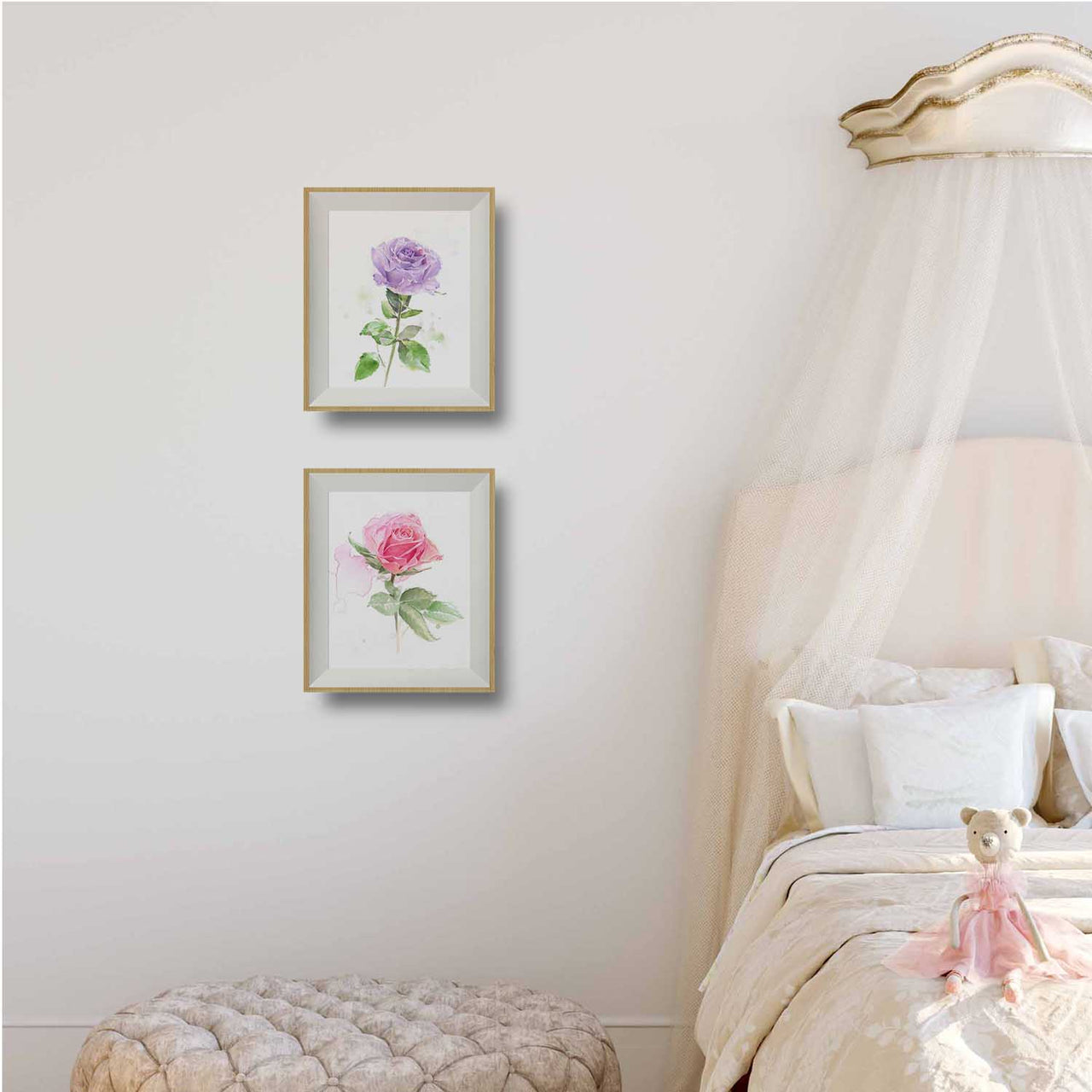 two rose art prints hanging next to child's bed