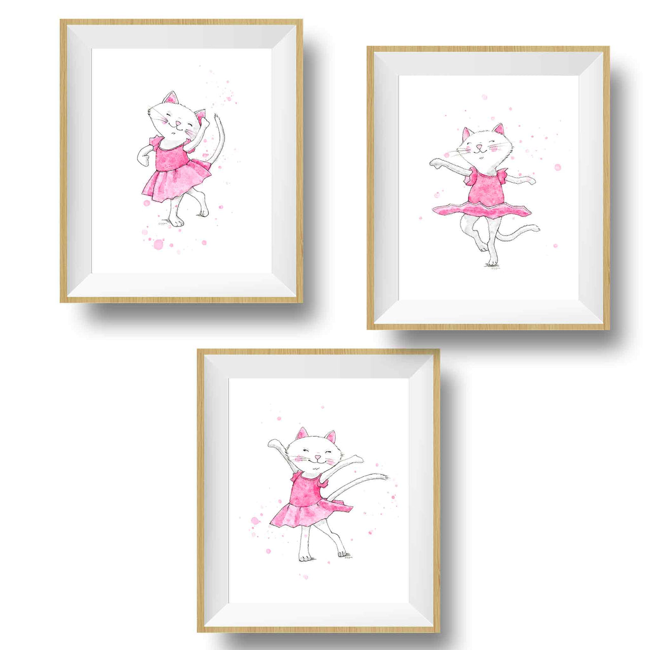 three framed pictures of a cat in a pink dress