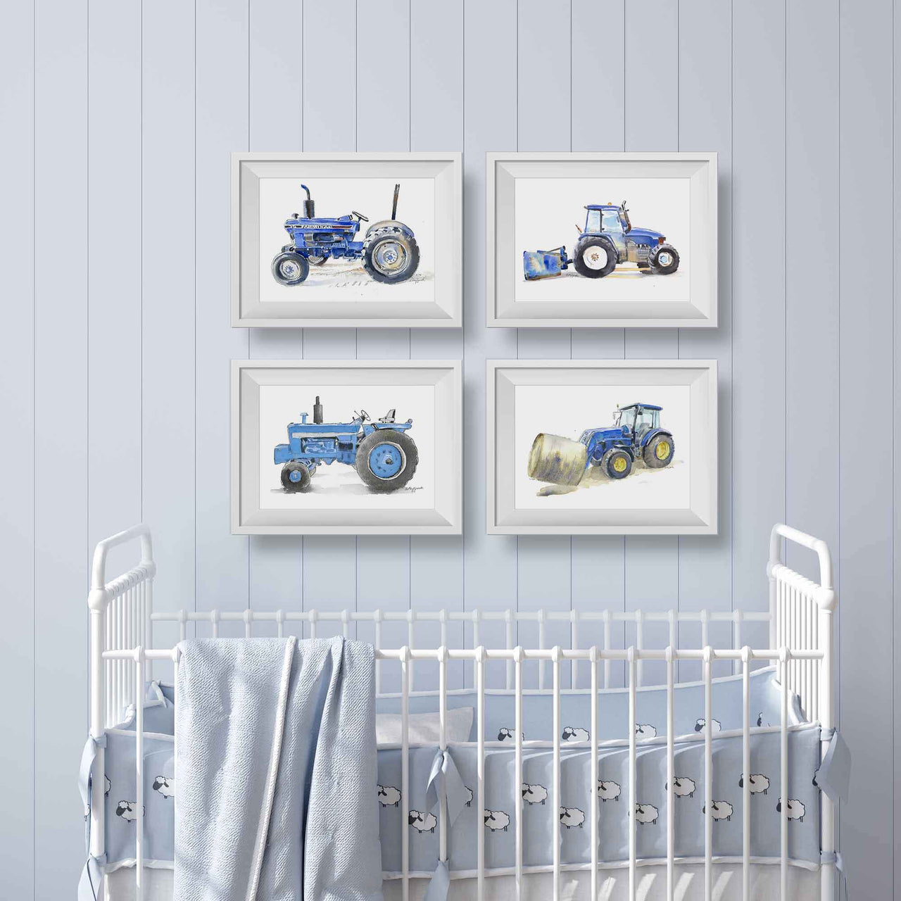 Set of Blue Tractor Watercolor Prints for Baby and Toddler Boys' Rooms