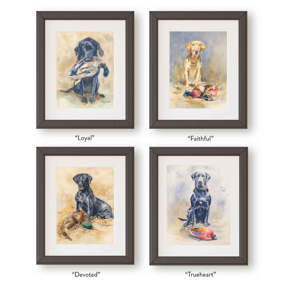 Set of 4 Hunting Dog Watercolor Prints – Black and Chocolate Labrador Retrievers with Ducks and Pheasants