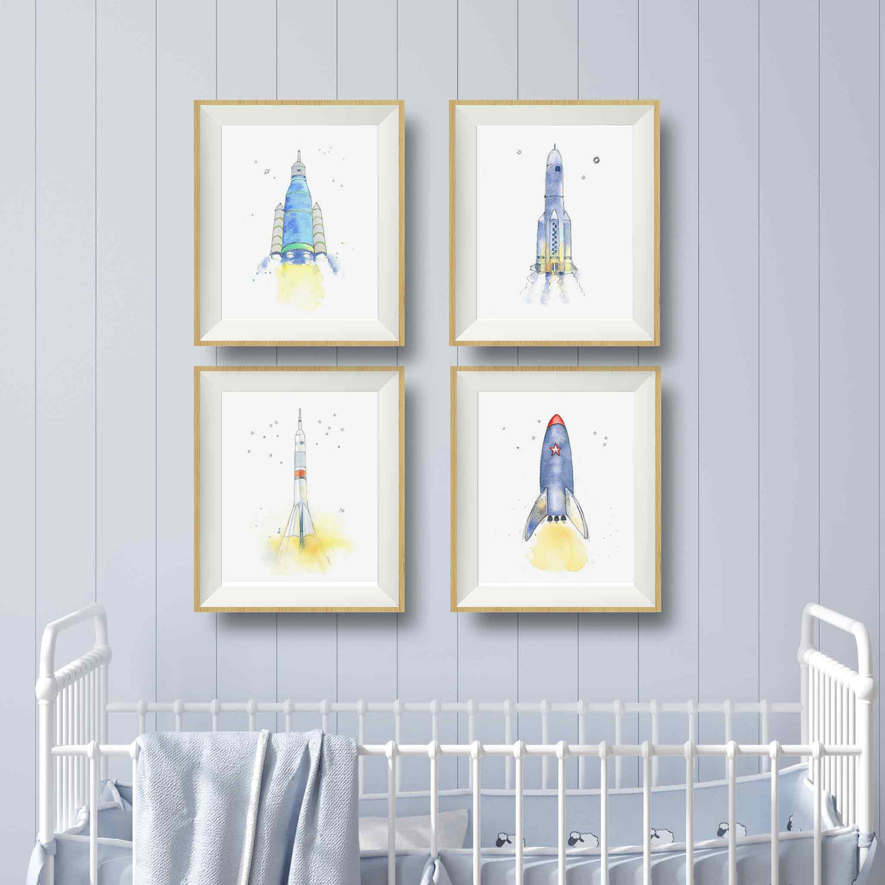 set of 4 blue space ship prints for baby and toddler boys nursery