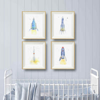 Thumbnail for set of 4 blue space ship prints for baby and toddler boys nursery