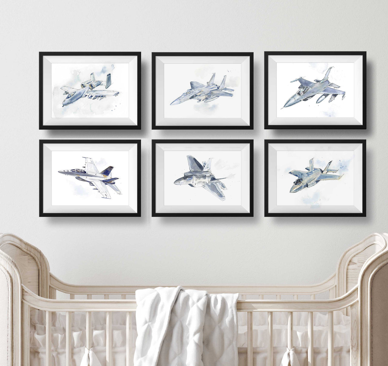 Modern Military Aircraft Watercolor Prints - Classic Kids & Adult Wall Art Set