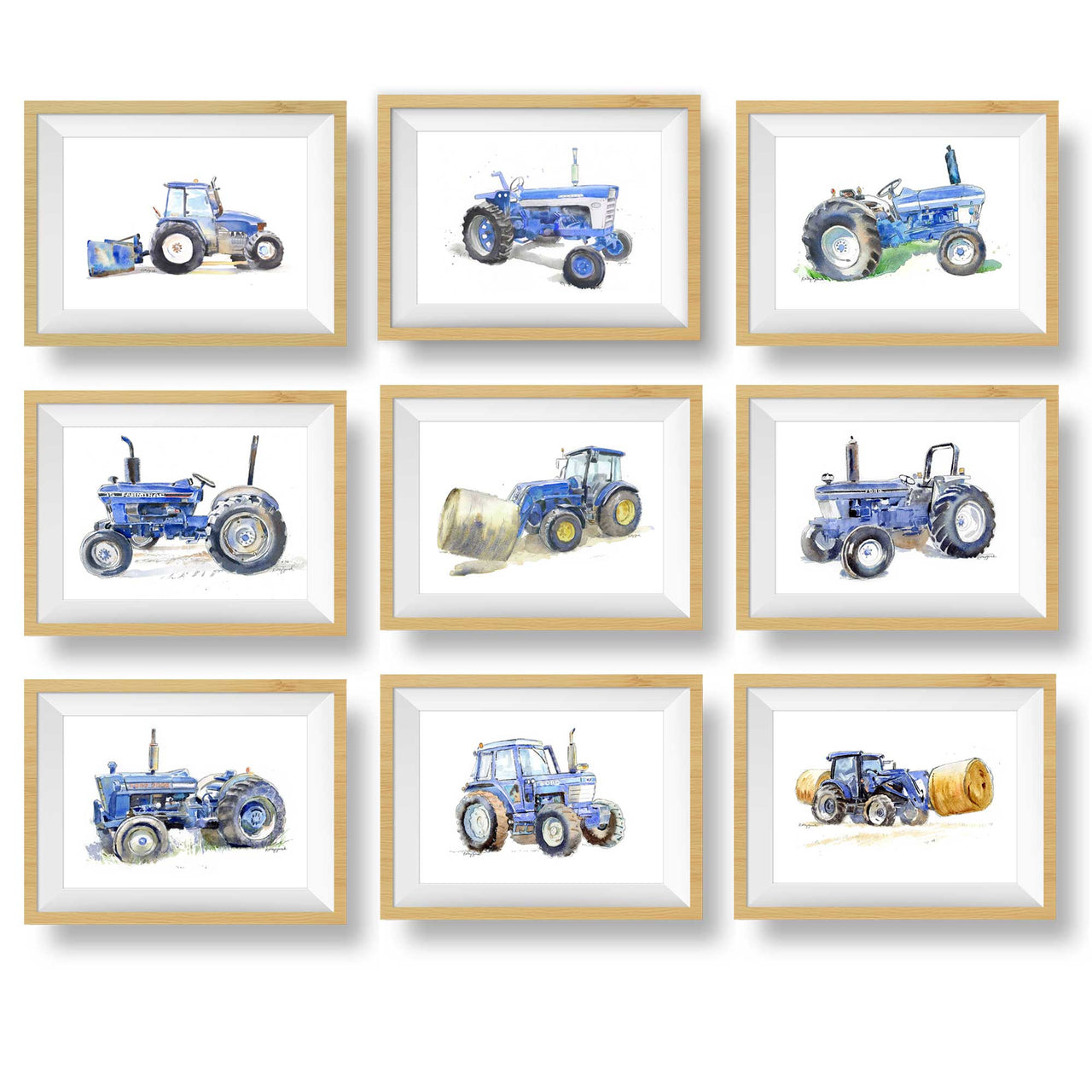 Set of Blue Tractor Watercolor Prints for Baby and Toddler Boys' Rooms