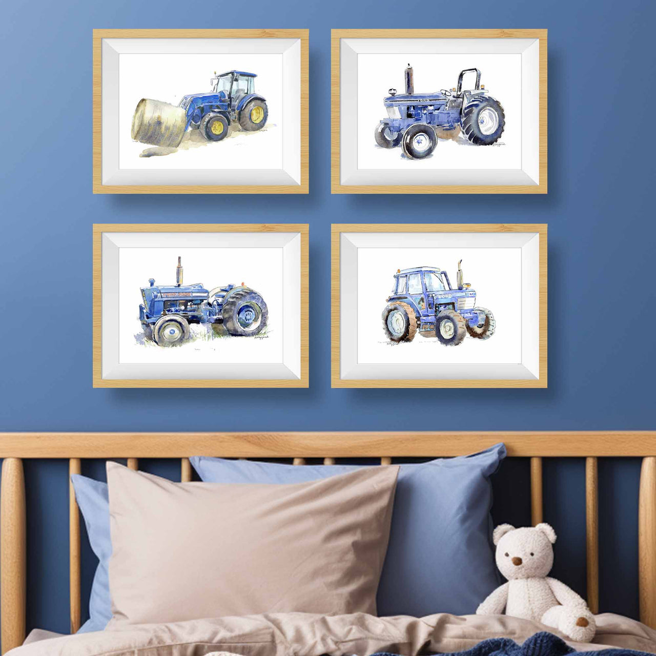 Set of Blue Tractor Watercolor Prints for Baby and Toddler Boys' Rooms