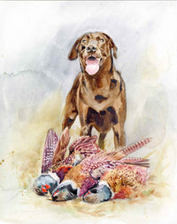 Thumbnail for watercolor print of a chocolate lab standing looking at view with tongue hanging out, three pheasants are at his feet