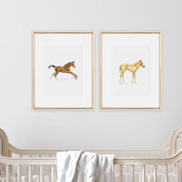 Thumbnail for two framed baby horse prints, one is a brown foal running and one is a palomino foal standing, they are showin in thin gold metal frames with 2 inch white mats, and are hanging above a baby's white crib