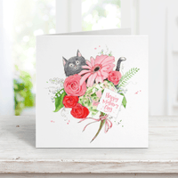 Thumbnail for watercolor mothers day card of a whimsical gray cat peeking out from behind a bouquet of pink and red flowers with a little tag that says Happy Mothers Day