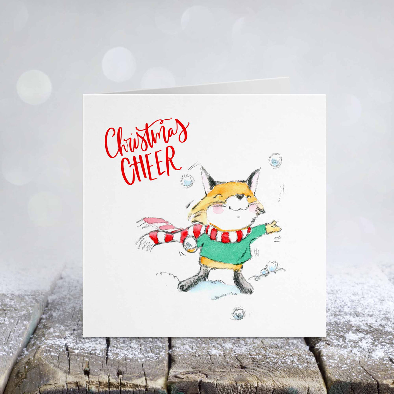 Cute Fox Christmas Card - Watercolor Illustration of Fox Juggling Snowballs