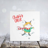 Thumbnail for Cute Fox Christmas Card - Watercolor Illustration of Fox Juggling Snowballs