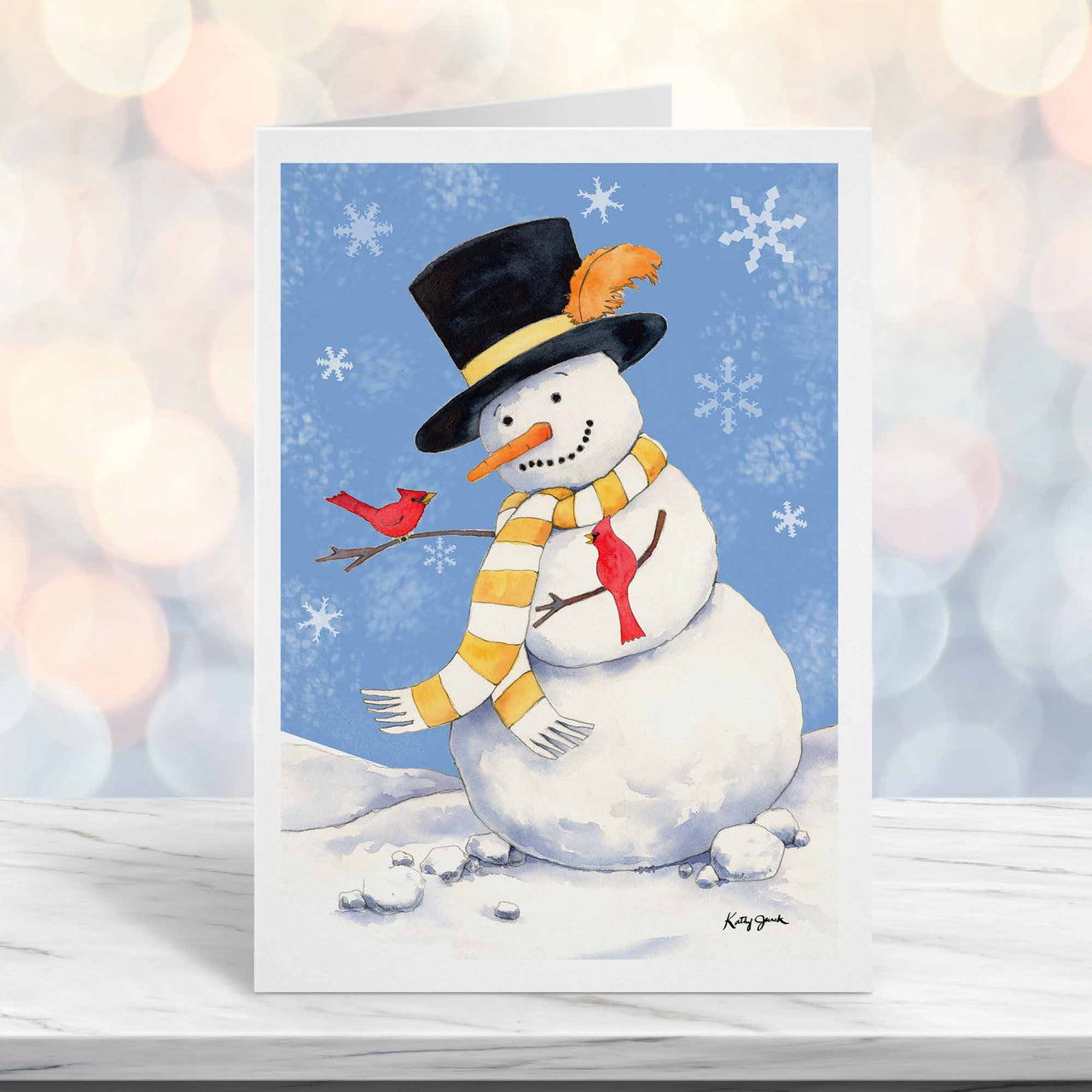 Snowman and Cardinal Holiday Card – Watercolor Christmas Card with Blue Snowy Background