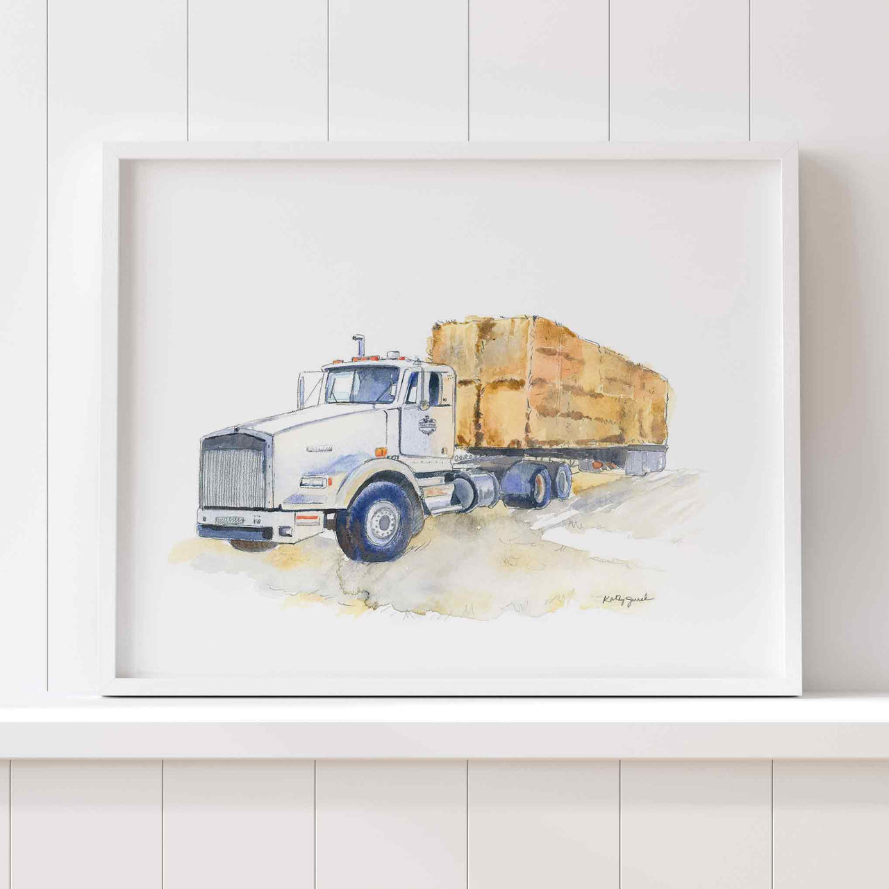 grain truck hauling hay watercolor wall art print