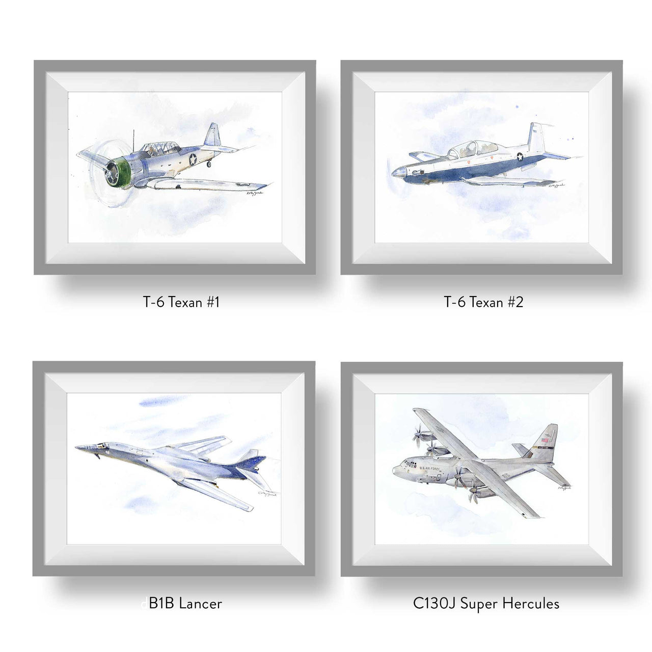 Customizable Modern Military Aircraft Watercolor Prints - Classic Kids & Adult Wall Art Set