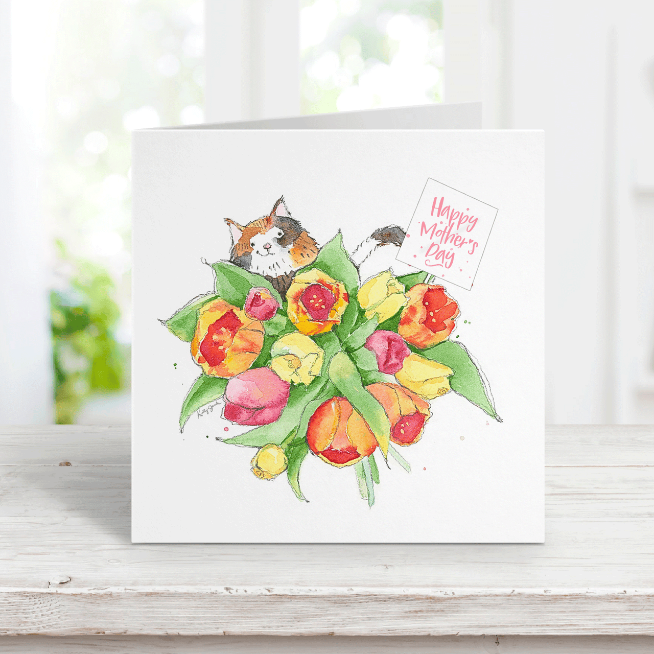 Calico Cat with Red and Yellow Tulips Mothers Day Card
