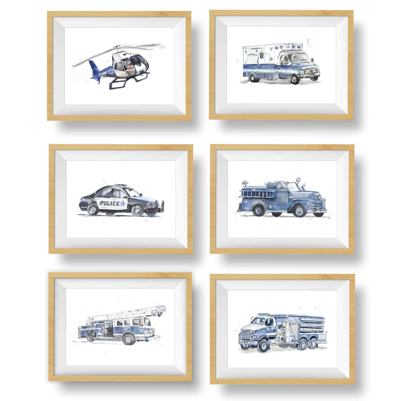 Blue Gray Vintage Fire Truck Wall Art Print – Watercolor Firefighter Nursery Decor (Copy)