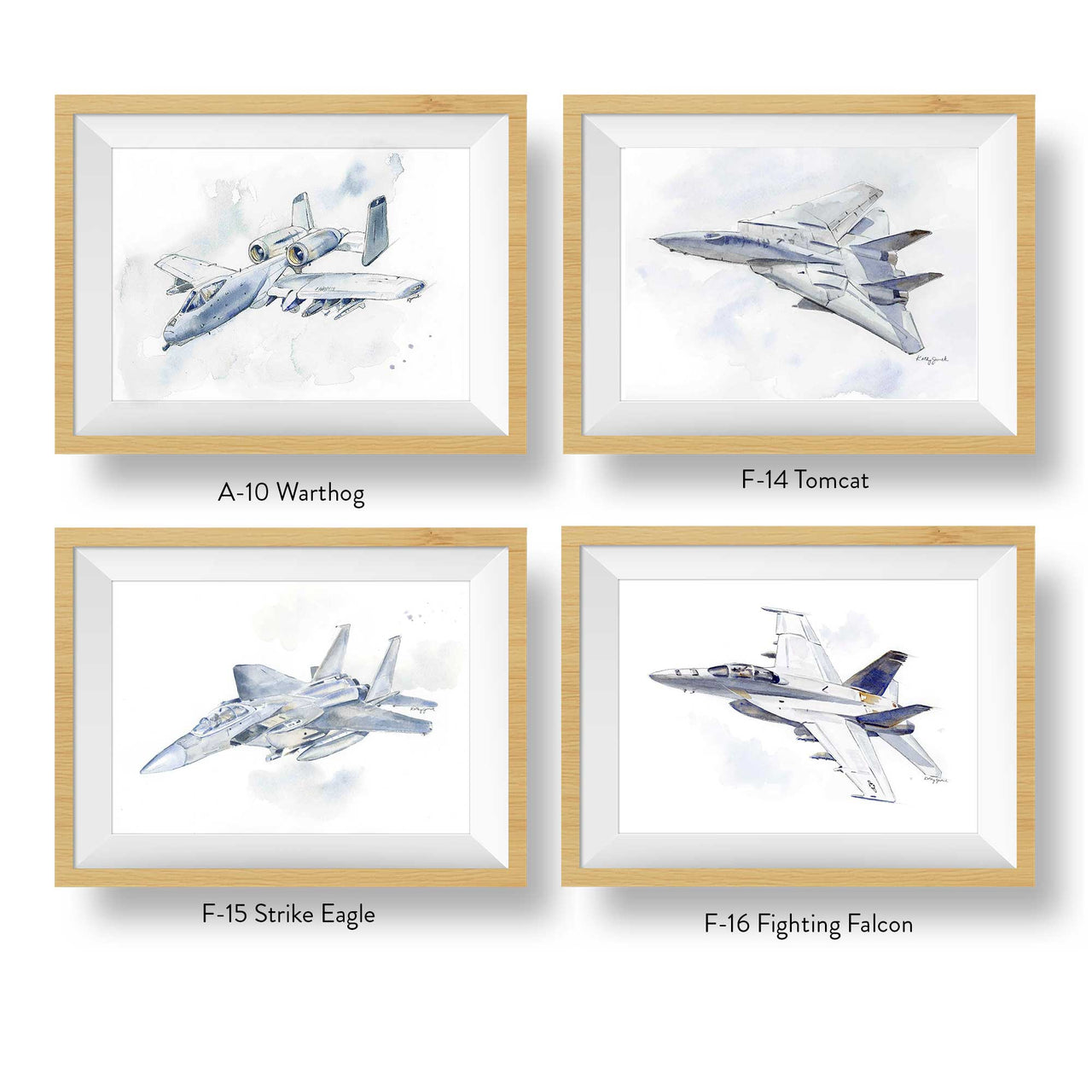 Modern Military Aircraft Watercolor Prints - Classic Kids & Adult Wall Art Set