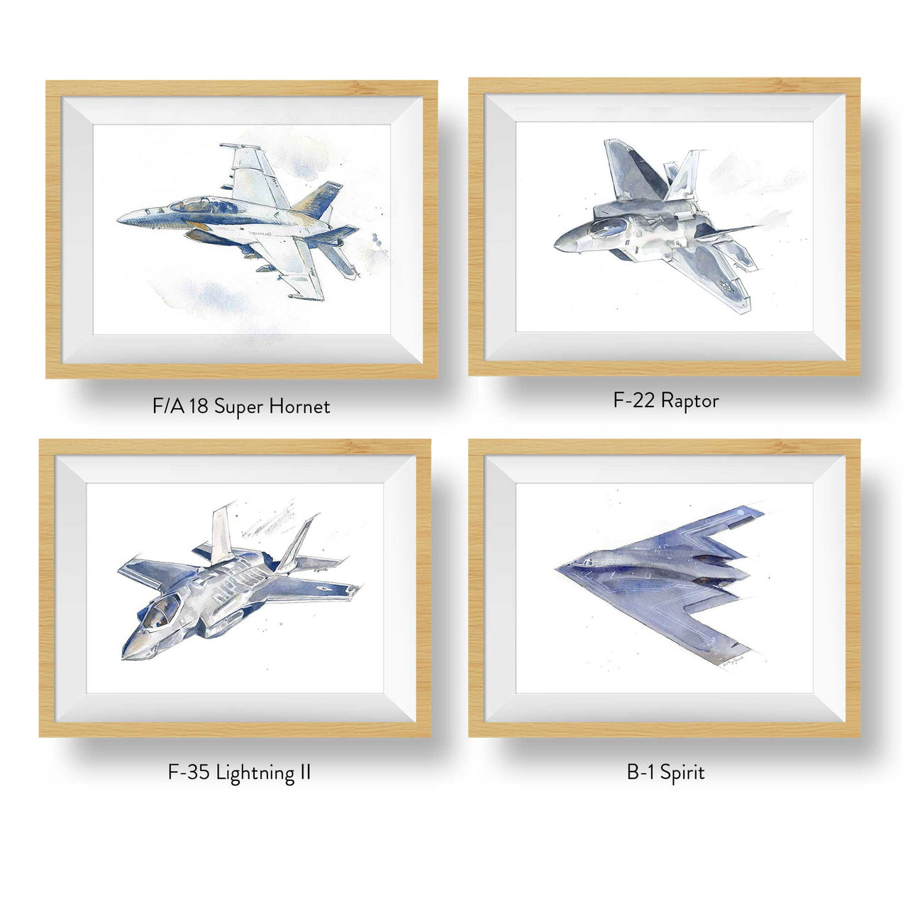 Modern Military Aircraft Watercolor Prints - Classic Kids & Adult Wall Art Set