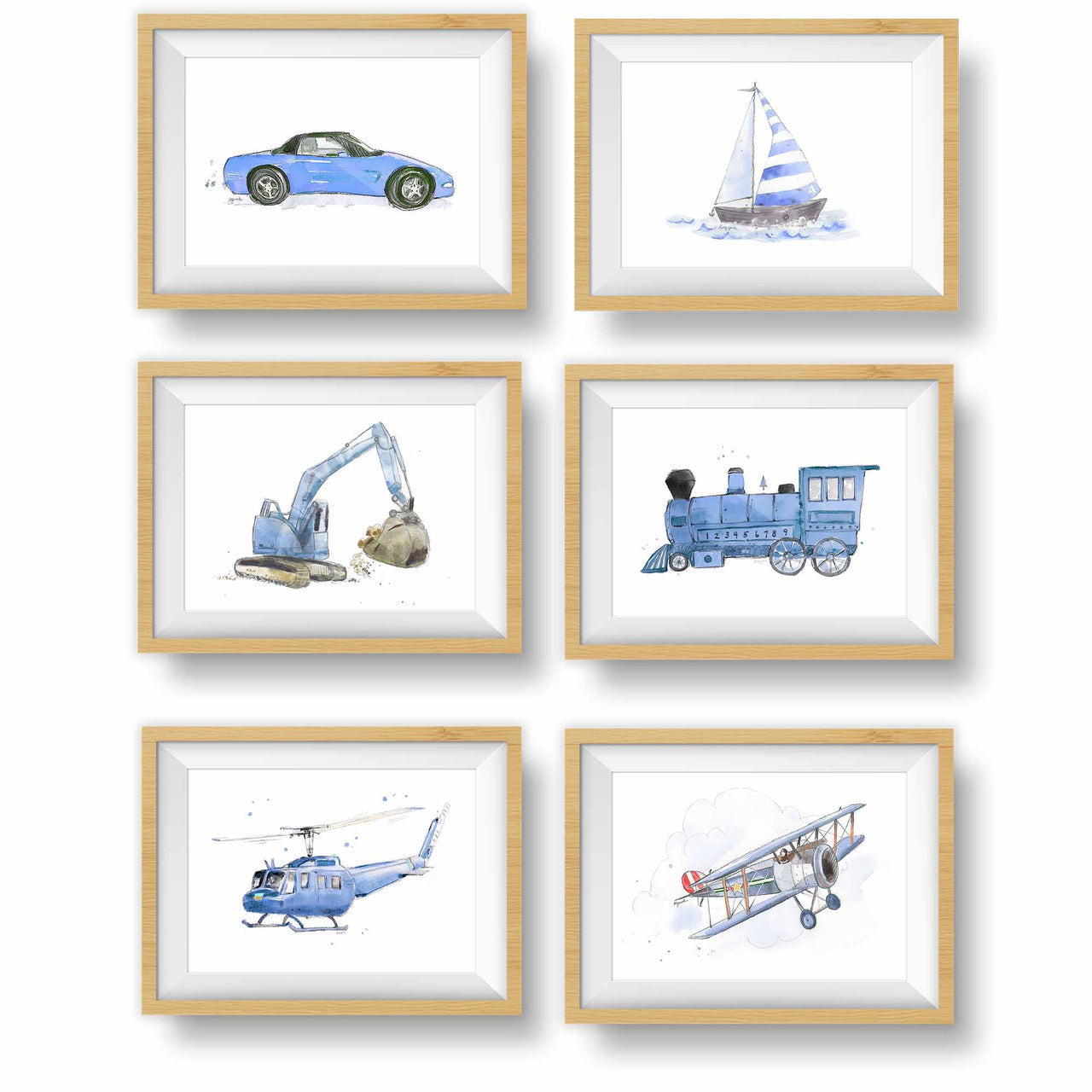 Light Blue Huey Helicopter Watercolor Print – Transportation-Themed Wall Art for Baby and Kids’ Rooms