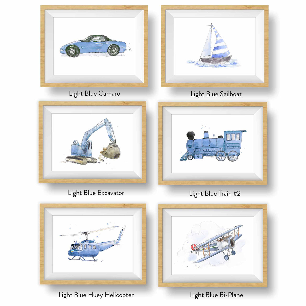 Light Blue Transportation Vehicles Prints Set