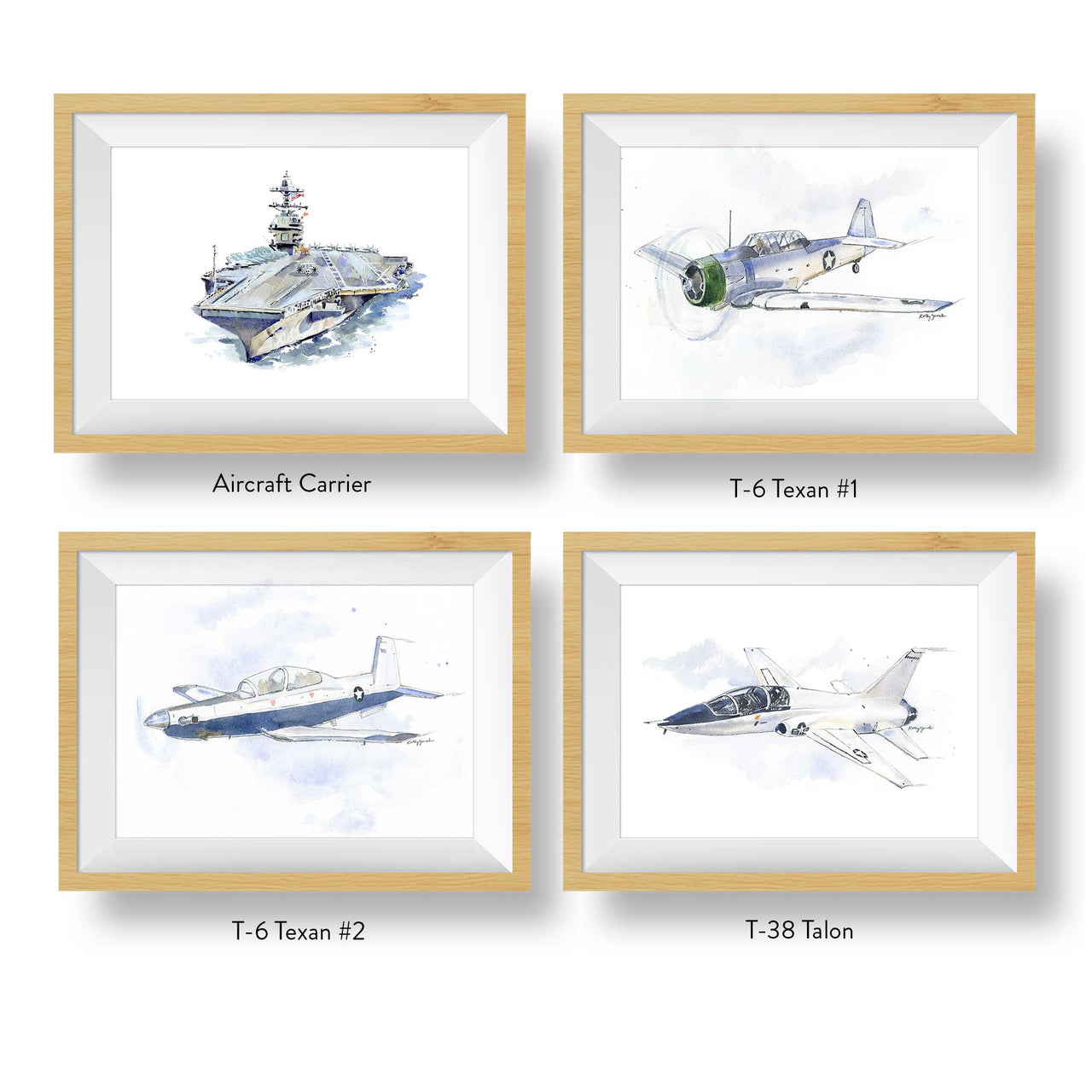 Modern Military Aircraft Watercolor Prints - Classic Kids & Adult Wall Art Set