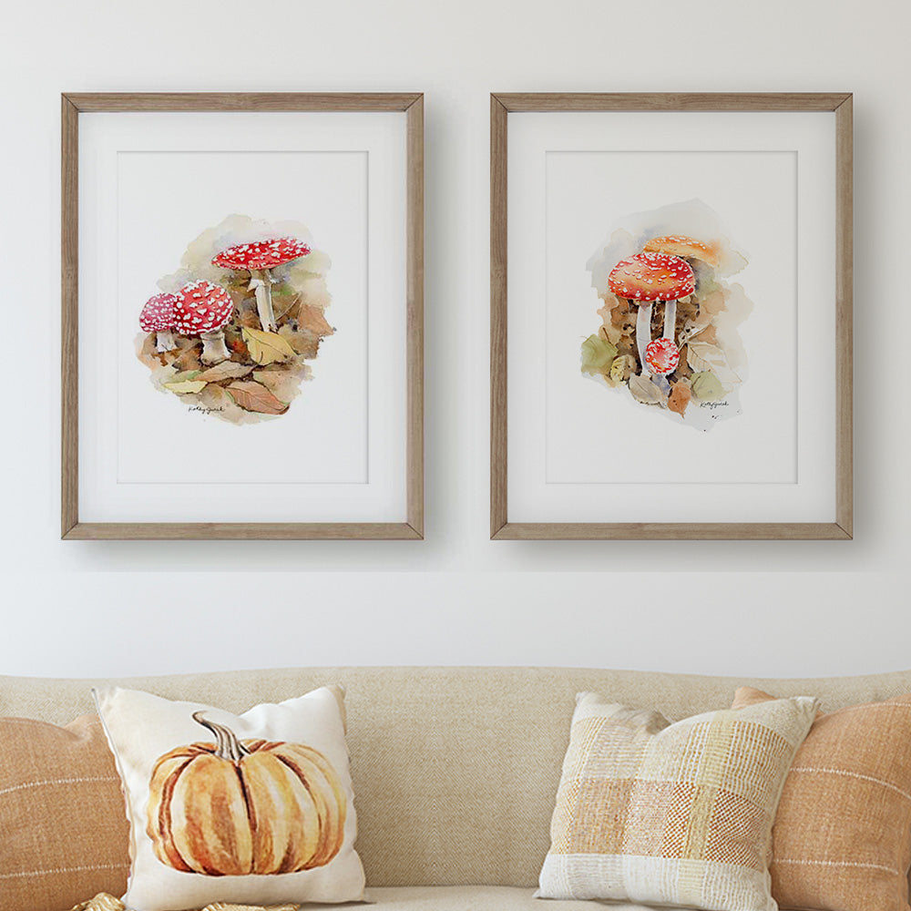 Red Mushrooms Watercolor Art Prints (Set of 2)