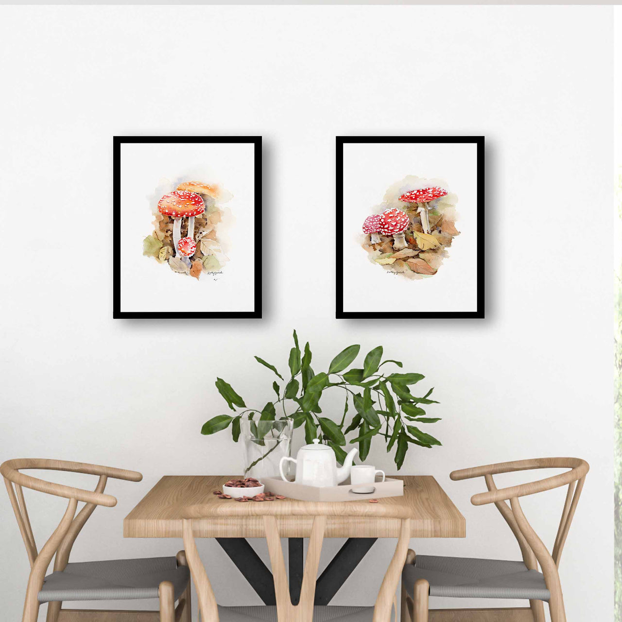Red Mushrooms Watercolor Art Prints (Set of 2)
