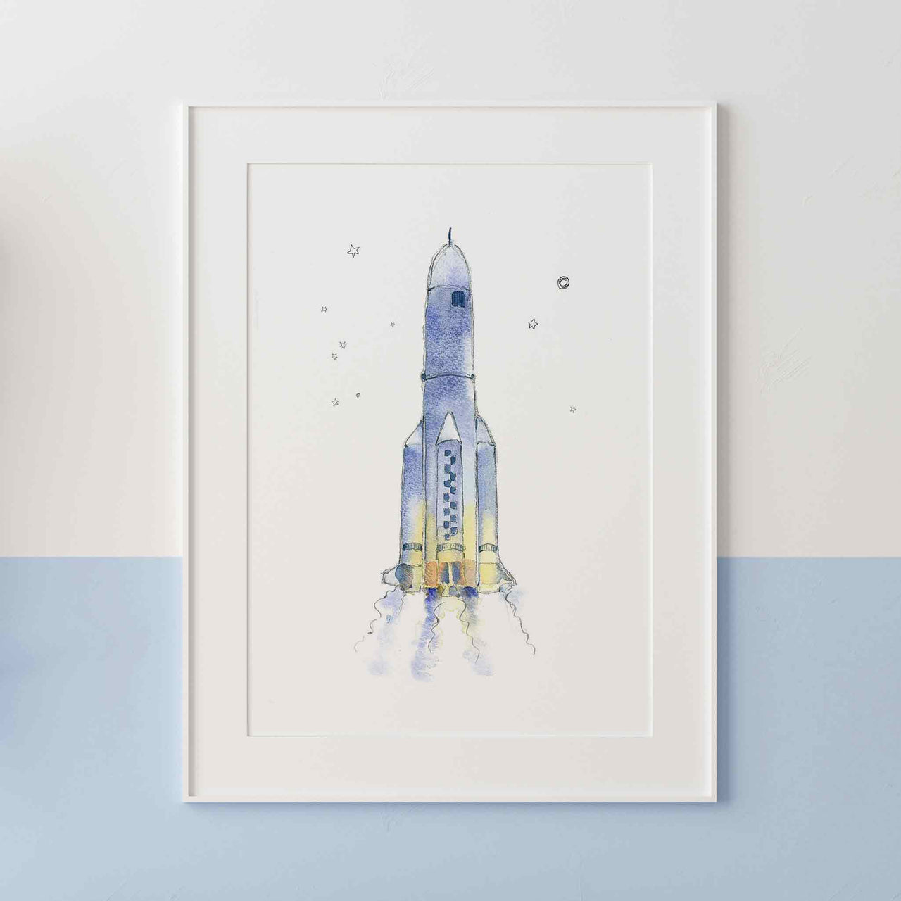 Blue-Gray Space Ship Watercolor Print for Kids' Rooms