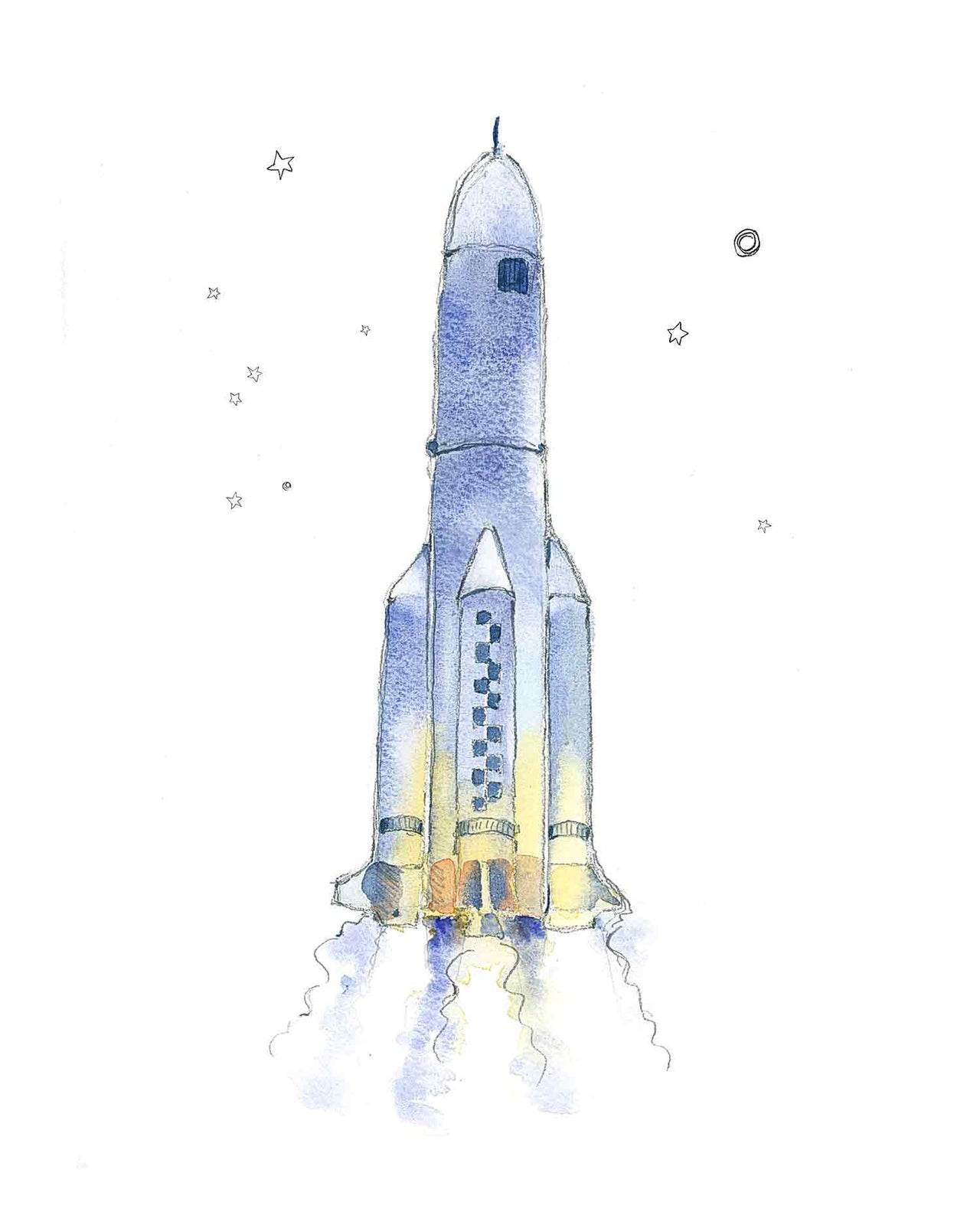 Blue-Gray Space Ship Watercolor Print for Kids' Rooms