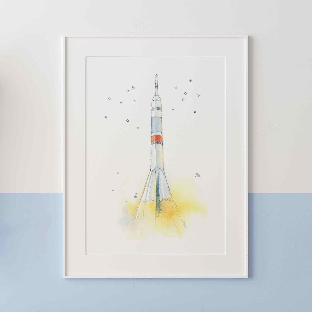 Sleek White and Orange Space Ship Watercolor Print for Kids' Rooms