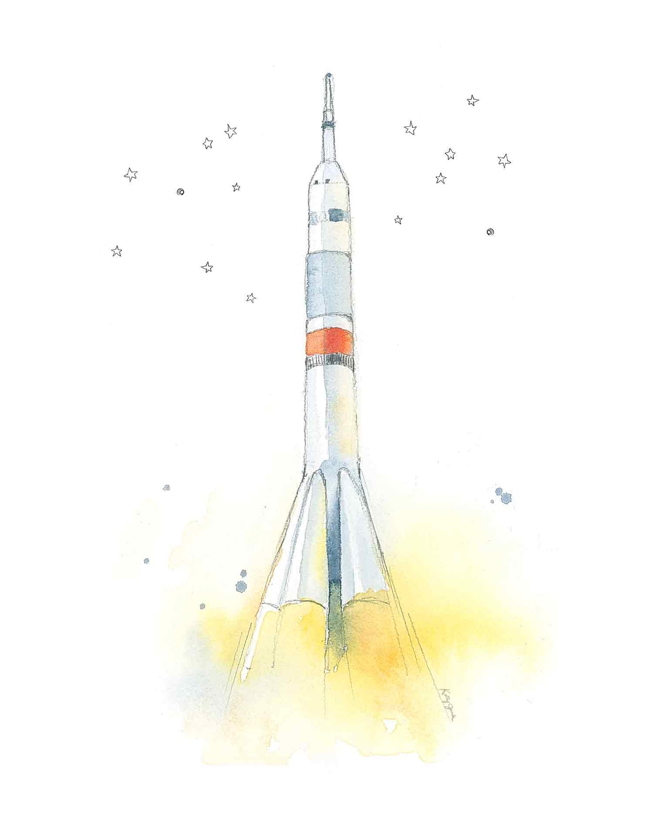 Sleek White and Orange Space Ship Watercolor Print for Kids' Rooms