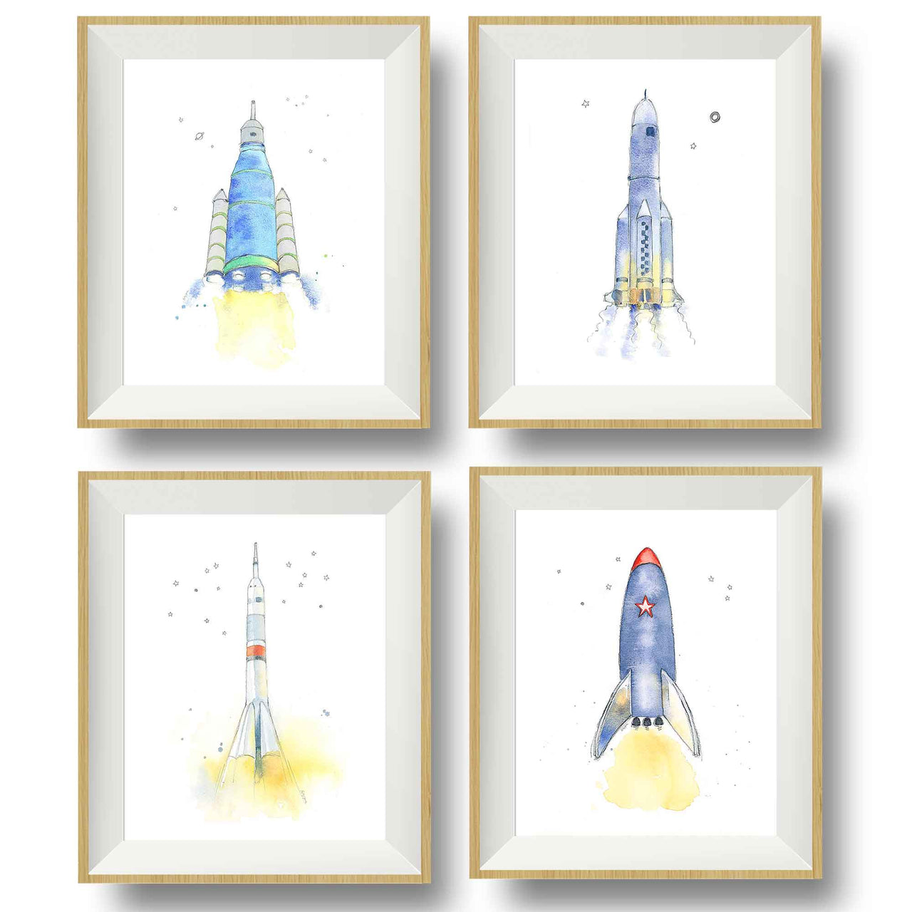 Sleek White and Orange Space Ship Watercolor Print for Kids' Rooms