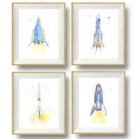 Thumbnail for Sleek White and Orange Space Ship Watercolor Print for Kids' Rooms