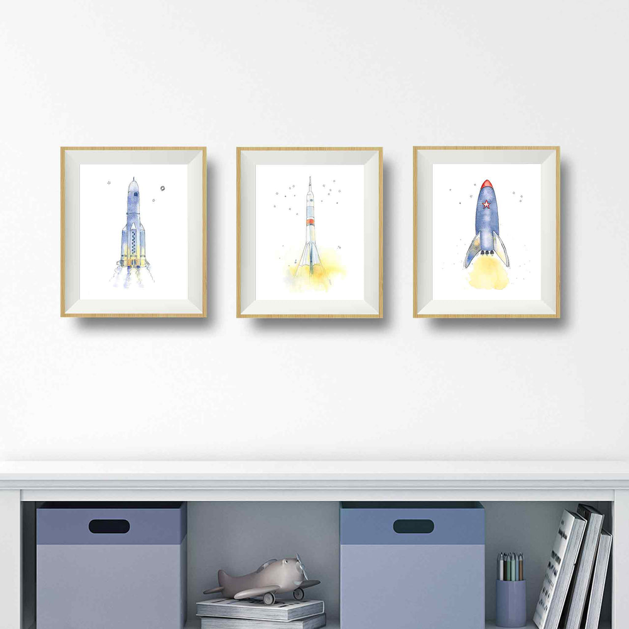 Sleek White and Orange Space Ship Watercolor Print for Kids' Rooms