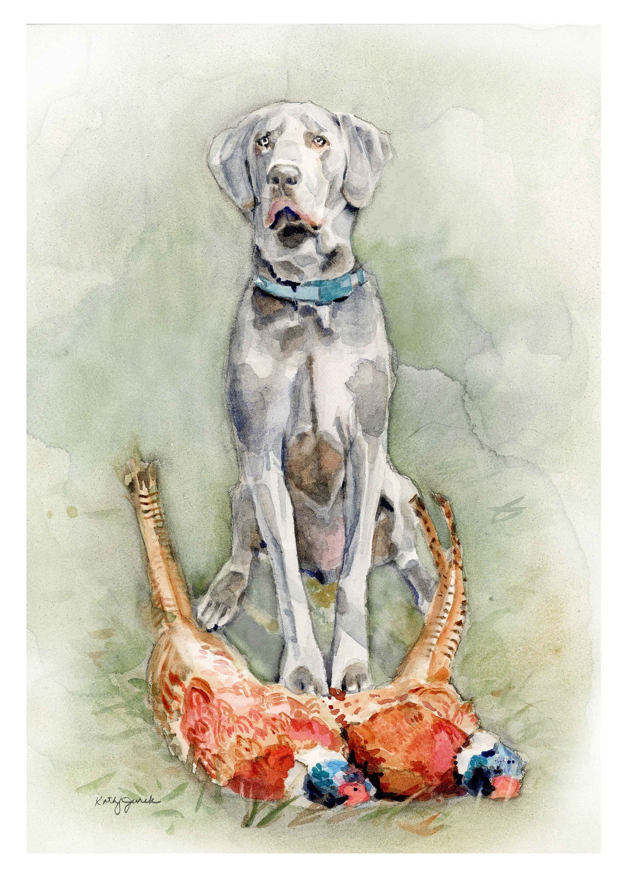 watercolor print of a silver labrador retriever sitting looking at viewer with 2 pheasants at his feet
