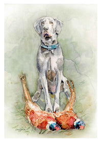 Thumbnail for watercolor print of a silver labrador retriever sitting looking at viewer with 2 pheasants at his feet