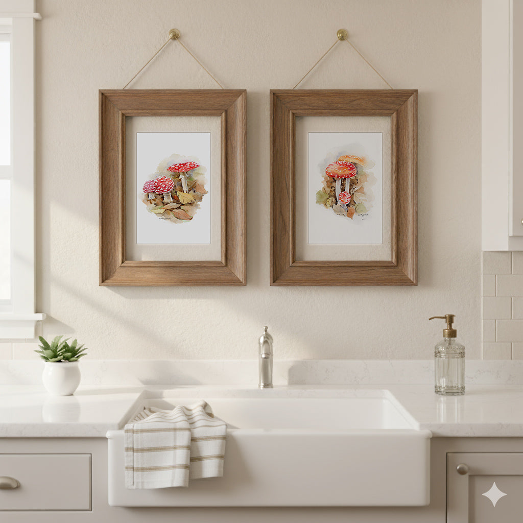 Red Mushrooms Watercolor Art Prints (Set of 2)