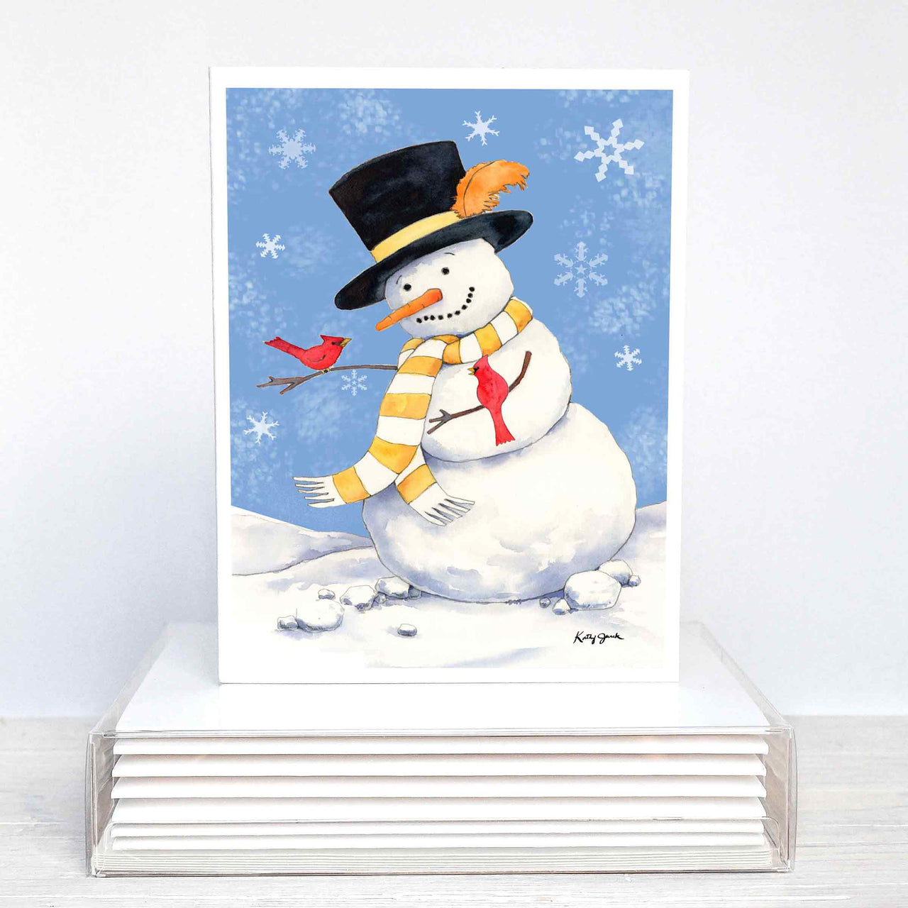 Snowman and Cardinal Holiday Card – Watercolor Christmas Card with Blue Snowy Background