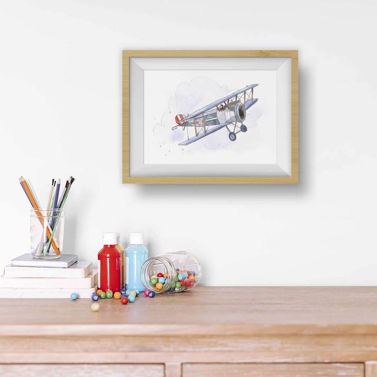 Blue Gray Red Biplane Print