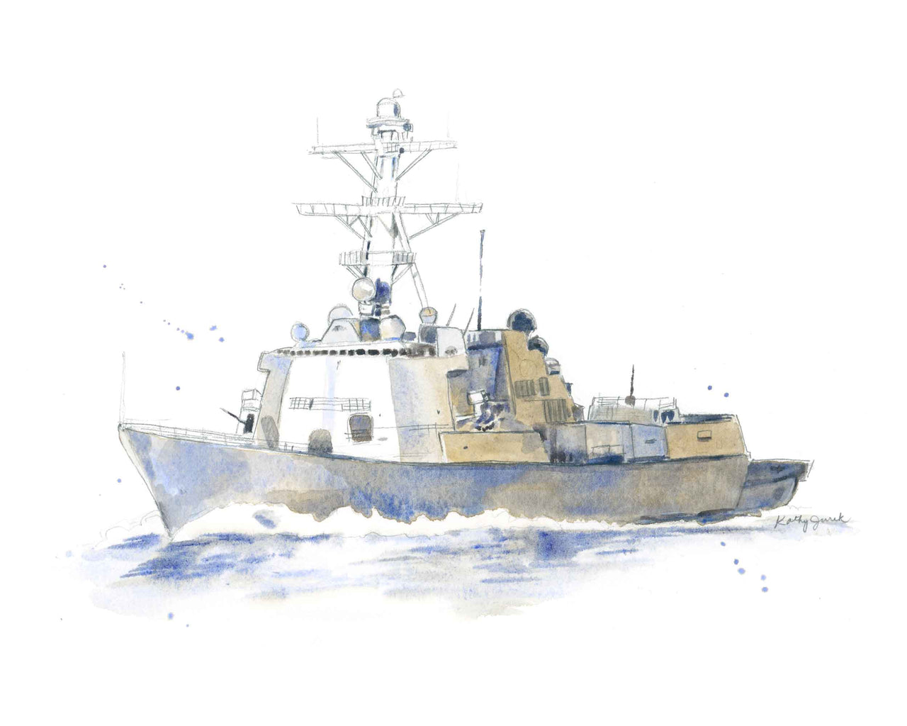 Navy Frigate Watercolor Art Print - Blue & Gray