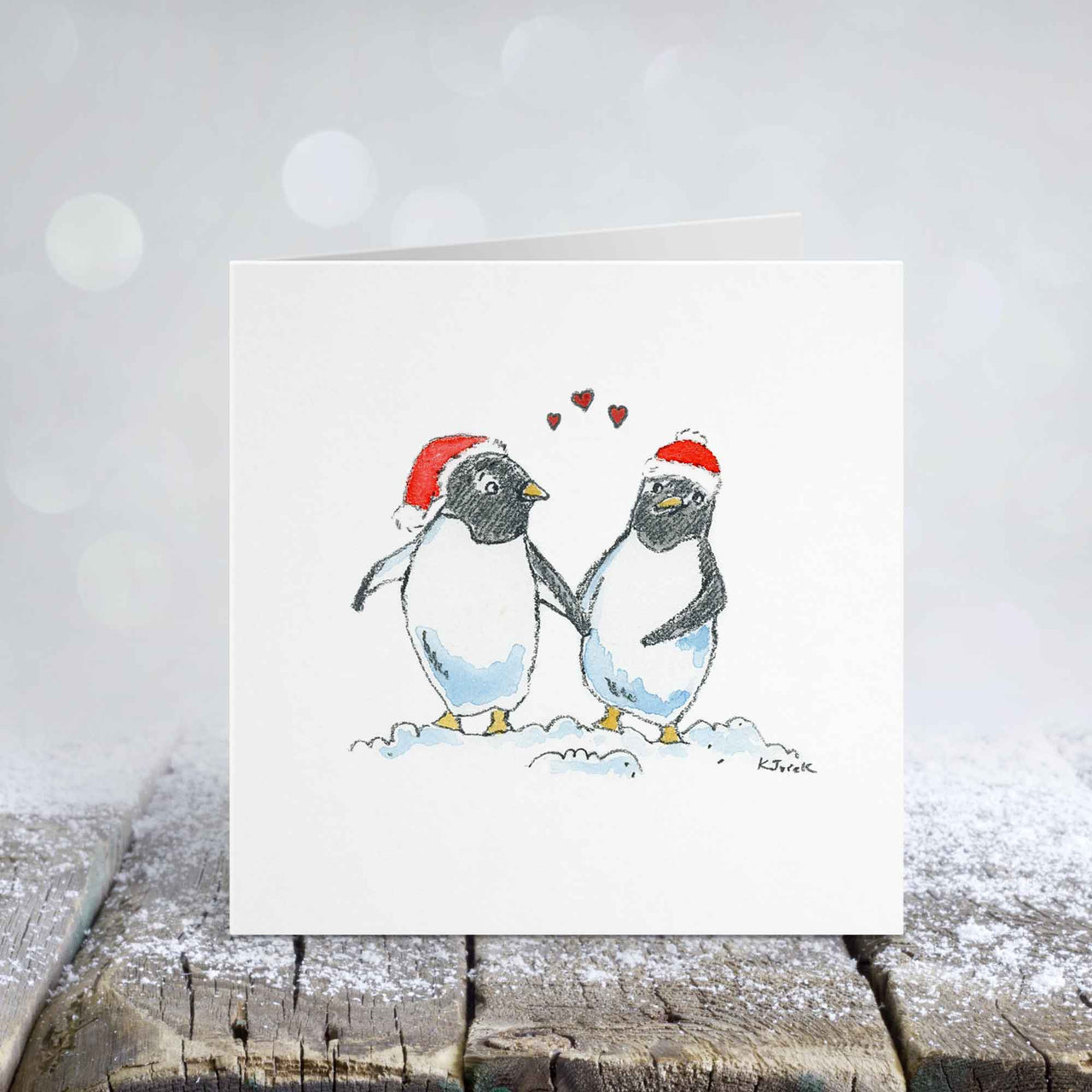 Penguins in Santa Hats Love Card – Square Watercolor Christmas Card for Couples