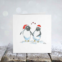 Thumbnail for Penguins in Santa Hats Love Card – Square Watercolor Christmas Card for Couples