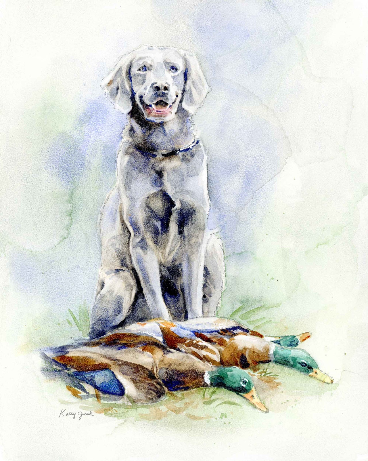 watercolor print of a silver labrador retriever with three ducks at  his feet