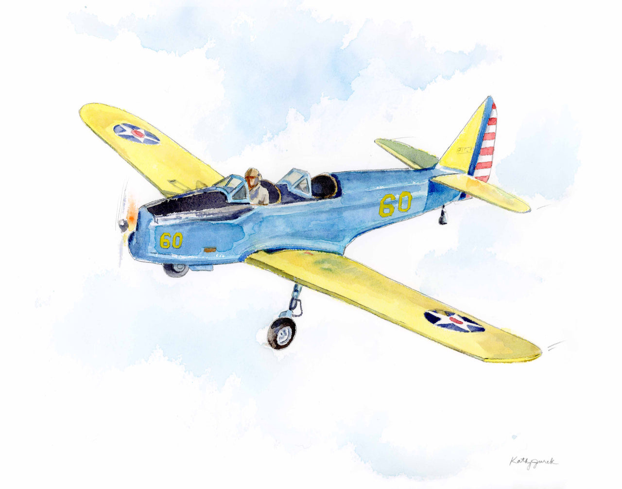 PT-19 Fairchild Airplane Watercolor Print - Vintage WWII Nursery Wall Art for Boys