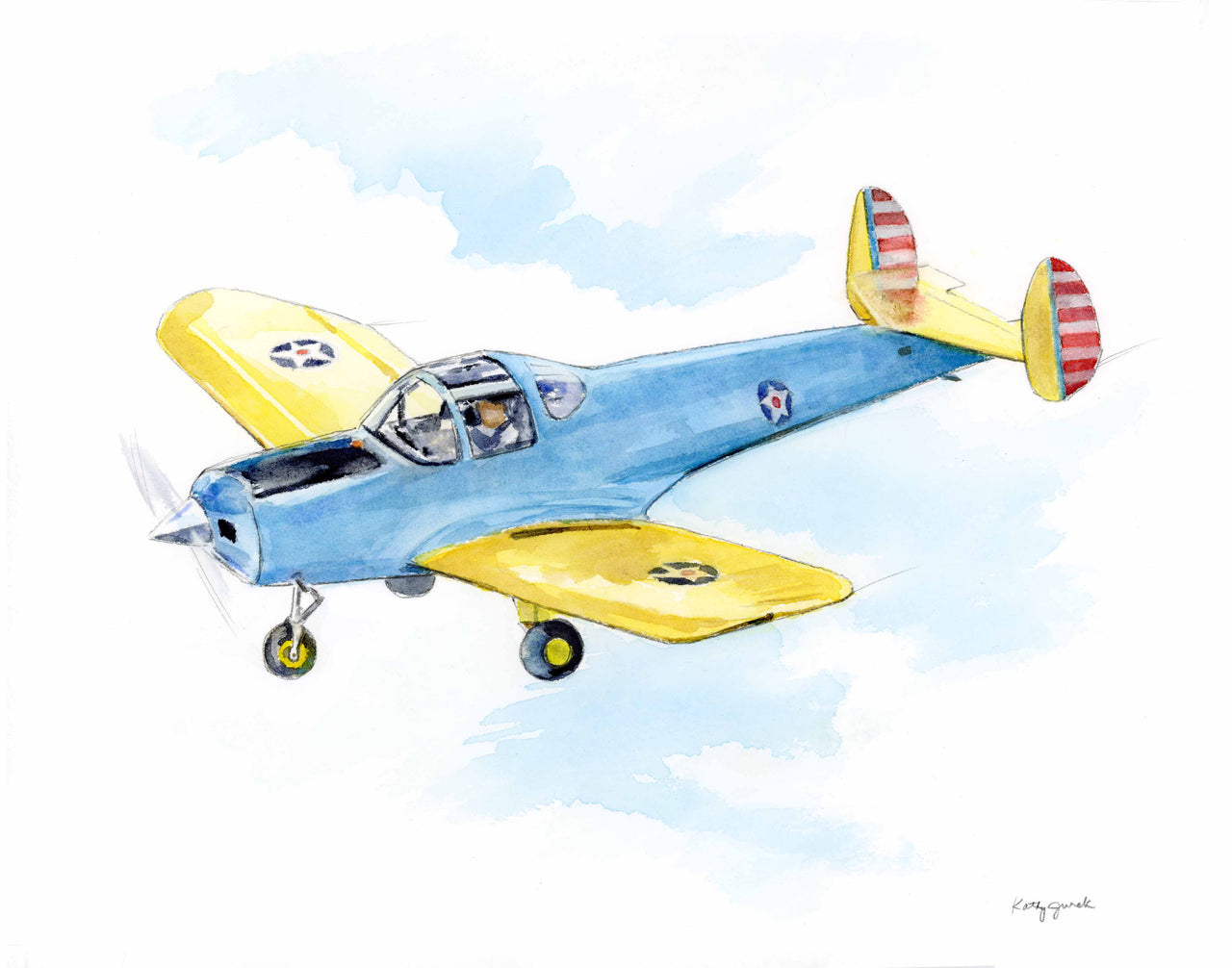 YO-55 Ercoupe Airplane Watercolor Print - Classic WWII Nursery Wall Art for Boys