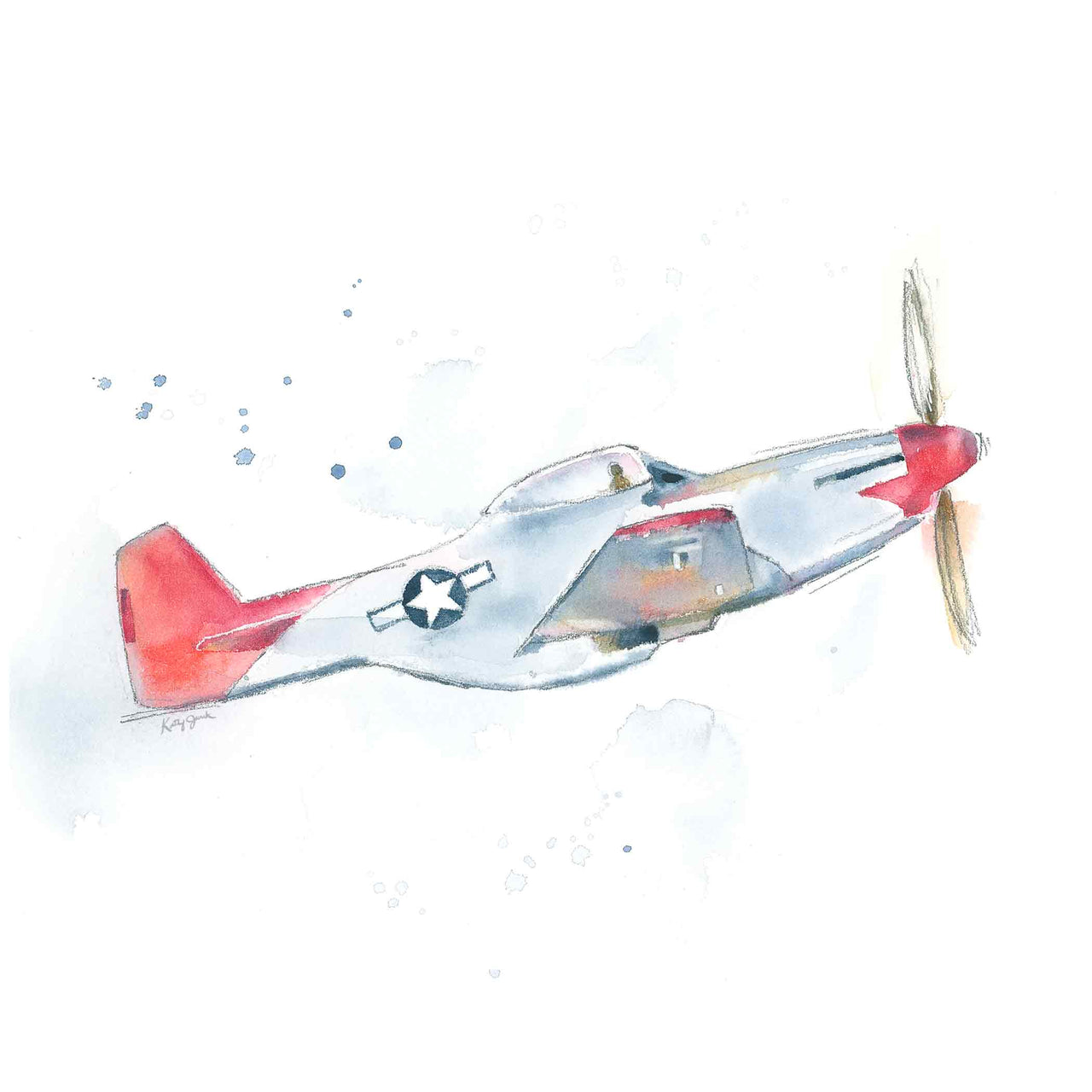 P-51 Mustang Watercolor Print - Legendary WWII Fighter Kids Wall Decor