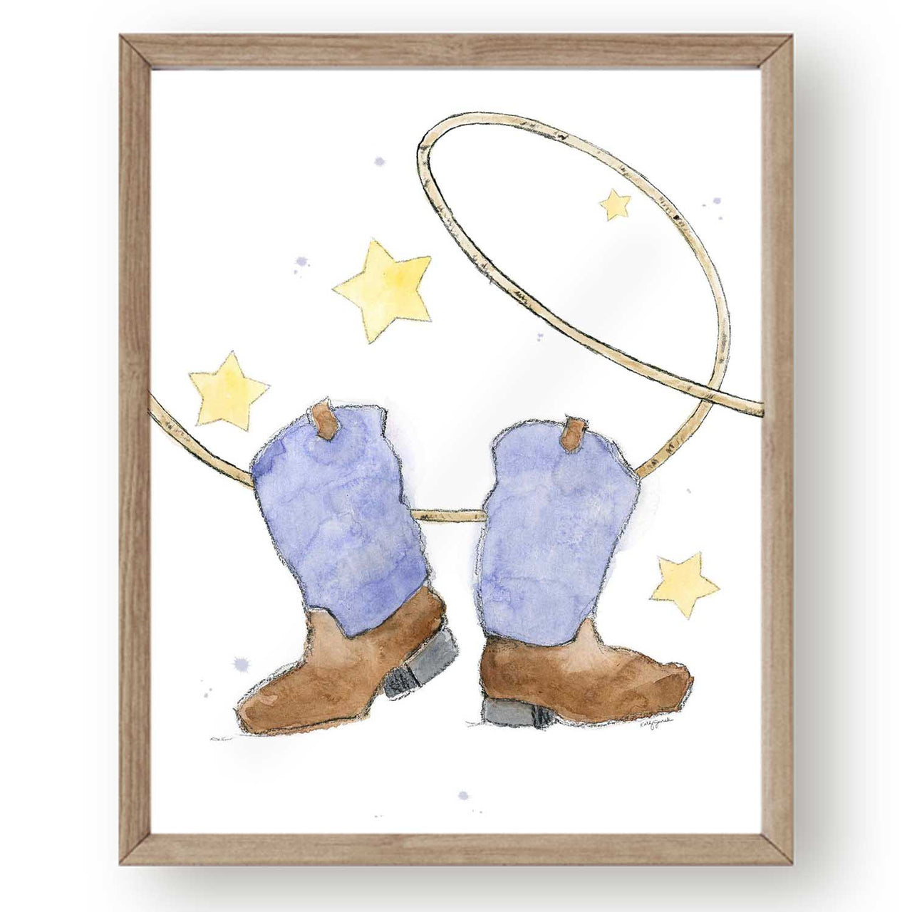 Vintage cowboy boot watercolor art print for kids rooms