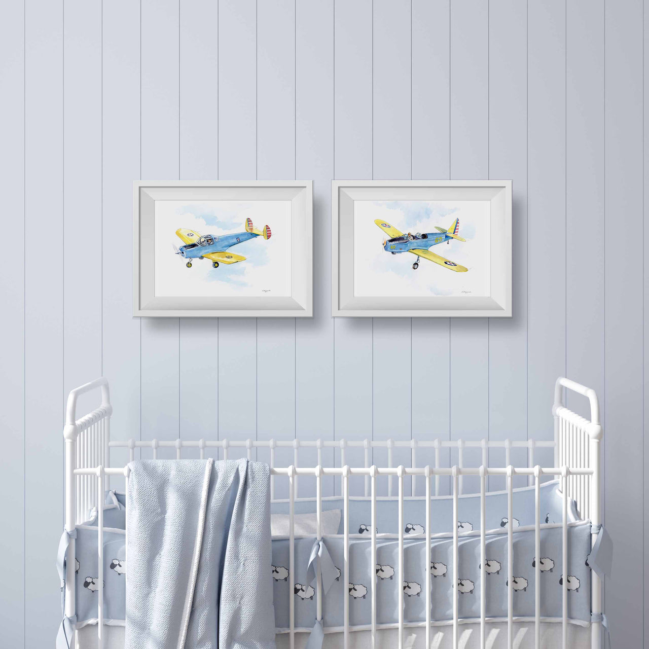 YO-55 Ercoupe Airplane Watercolor Print - Classic WWII Nursery Wall Art for Boys