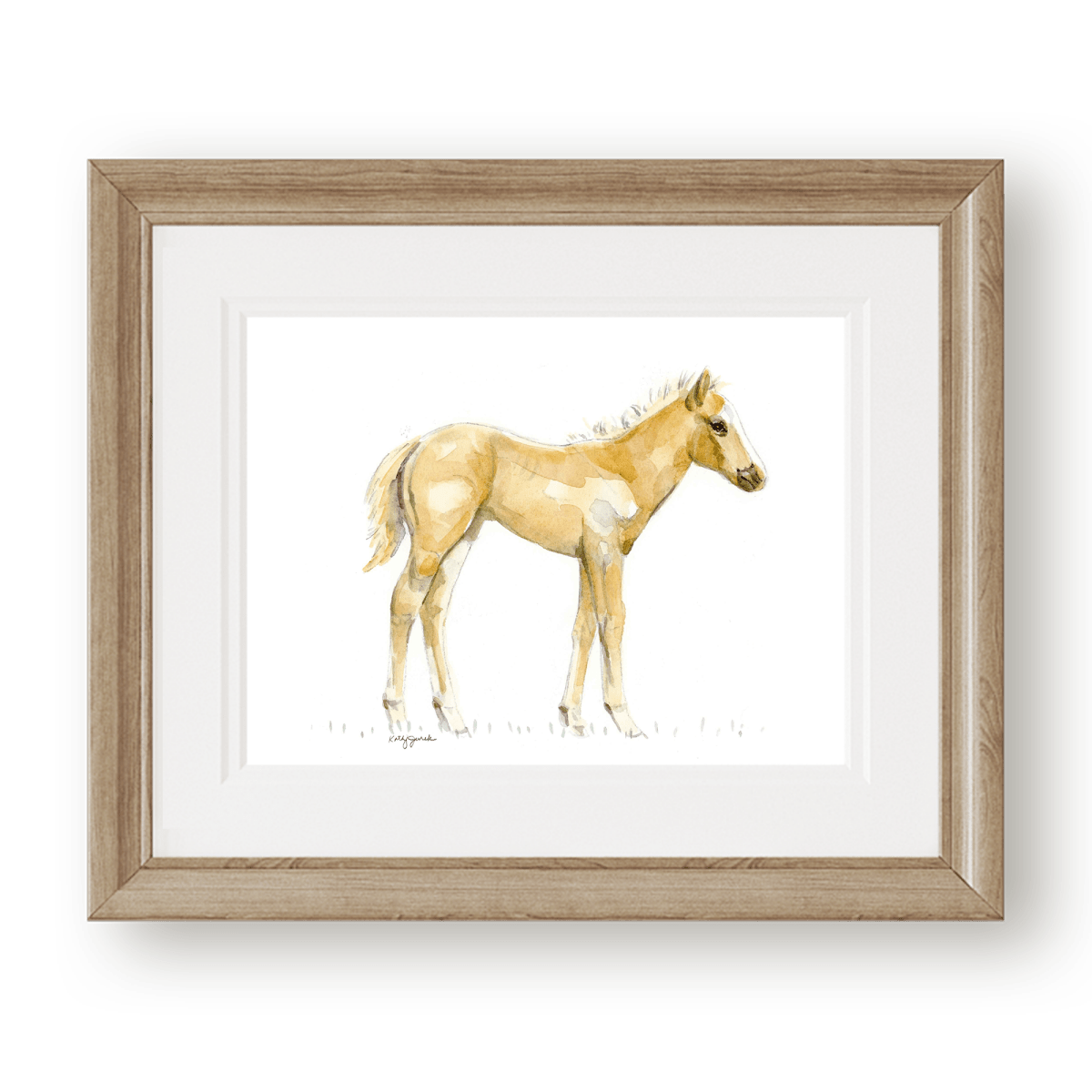 Palomino foal Horse Painting with a double white mat and neutral wooden frame